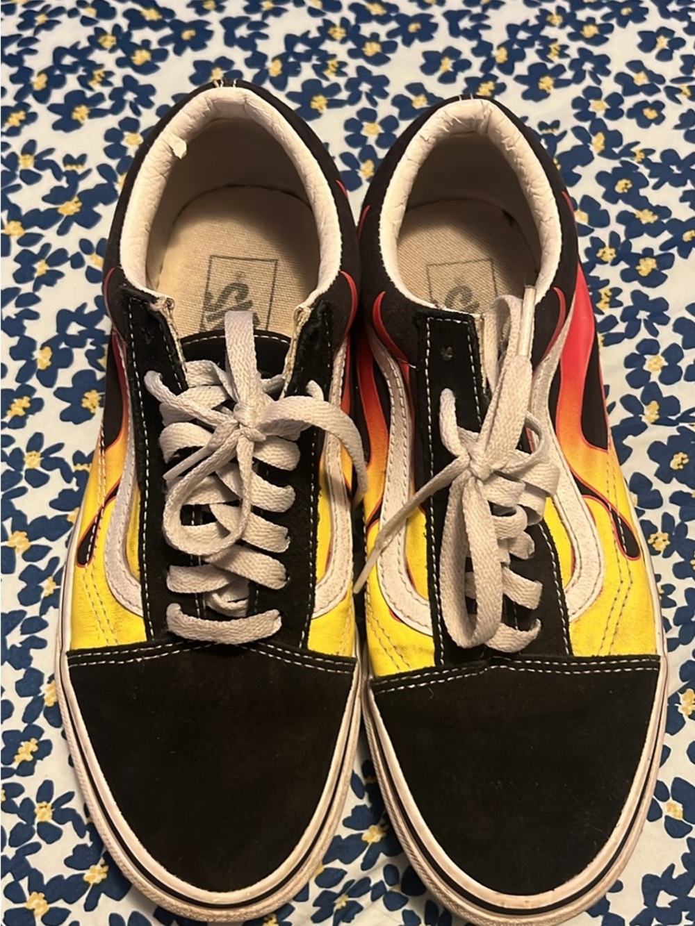 Vans Men's Black Sneakers with Yellow and Red Flame Accents